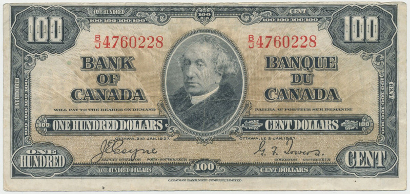 Canada, 100 Dollars 1937 Podpis: Coyne & Towers.
Reference: Pick 64c
Grade: VF...