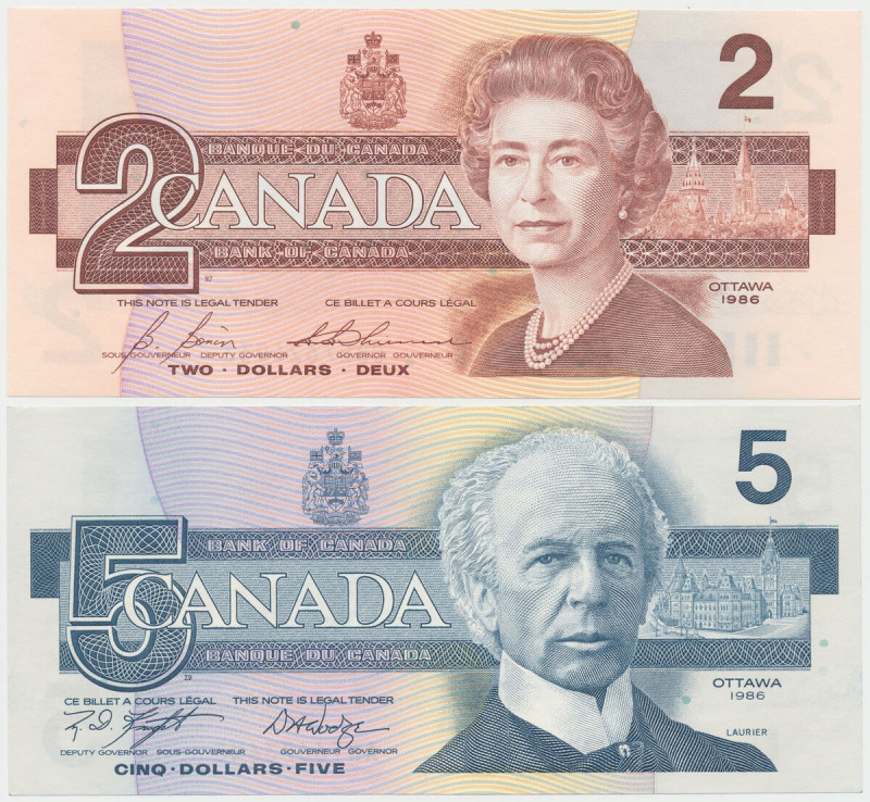 Canada, 2 i 5 Dollars 1986 (2pcs) Podpisy:&nbsp; B onin &nbsp;&&nbsp; Thiessen. ...