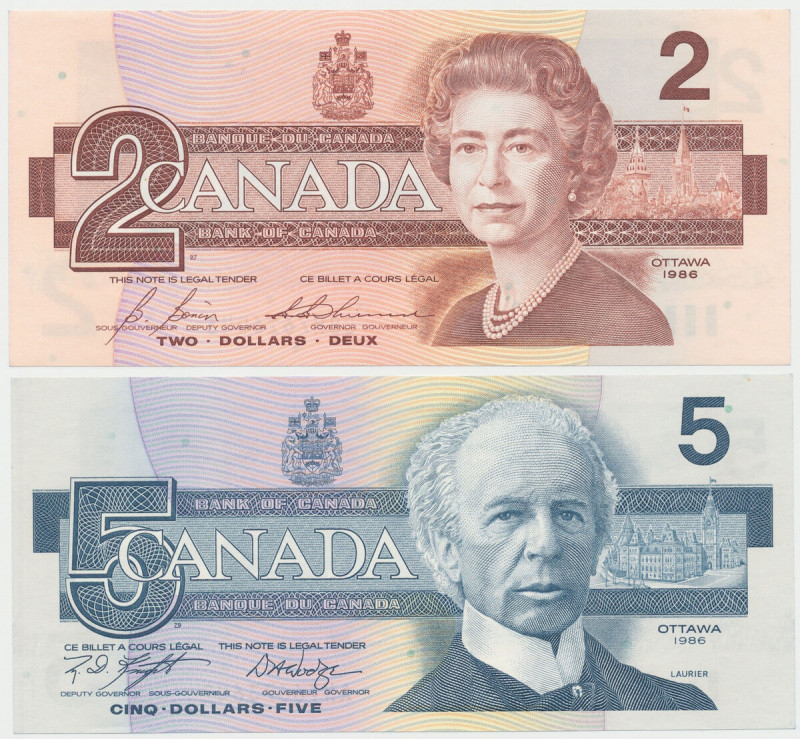 Canada, 2 i 5 Dollars 1986 (2pcs) Podpisy:&nbsp;Bonin&nbsp;&&nbsp;Thiessen. Podp...