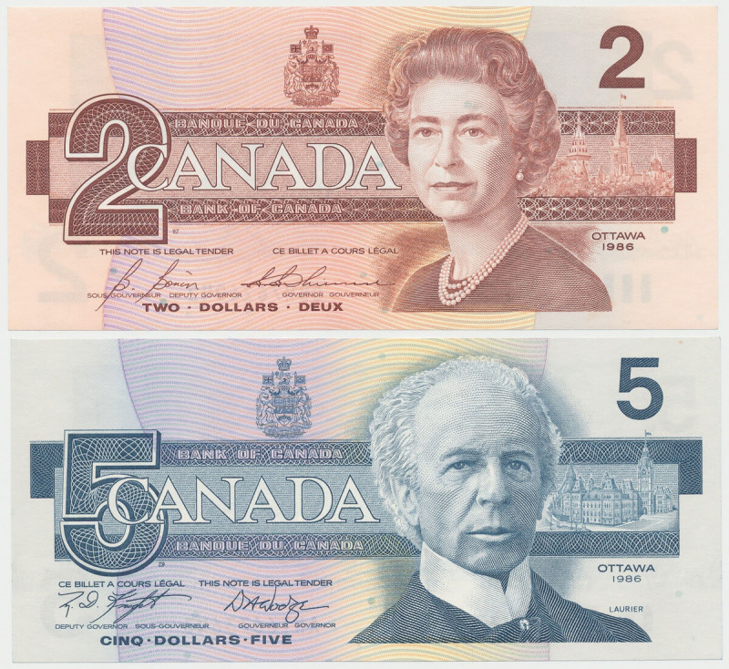 Canada, 2 i 5 Dollars 1986 (2pcs) Podpisy:&nbsp;Bonin&nbsp;&&nbsp;Thiessen. Podp...