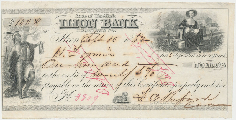 State od New York, Ilion Bank - Check, 19th Century 
Grade: VF+