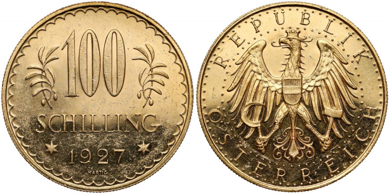 Austria, 100 szylingów 1927 Stempel lustrzany. 
 Przetarte tło. 
 Złoto, średn...