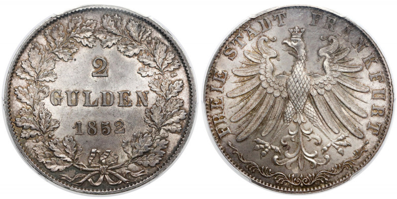 Frankfurt, 2 gulden 1852 Piękny, menniczy egzemplarz.&nbsp; Reference: Davenport...