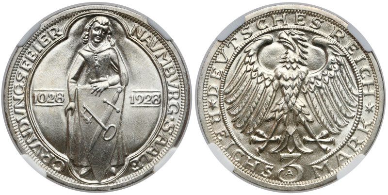 Weimar, 3 mark 1928-A - Naumburg Reference: Jaeger 333
Grade: NGC MS66 

WORL...