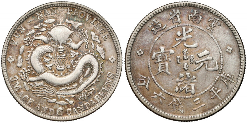 Chiny, Yunnan, 50 Fen (1908) Srebro, średnica 33,4 mm, waga 13,11 g.&nbsp; 
Gra...