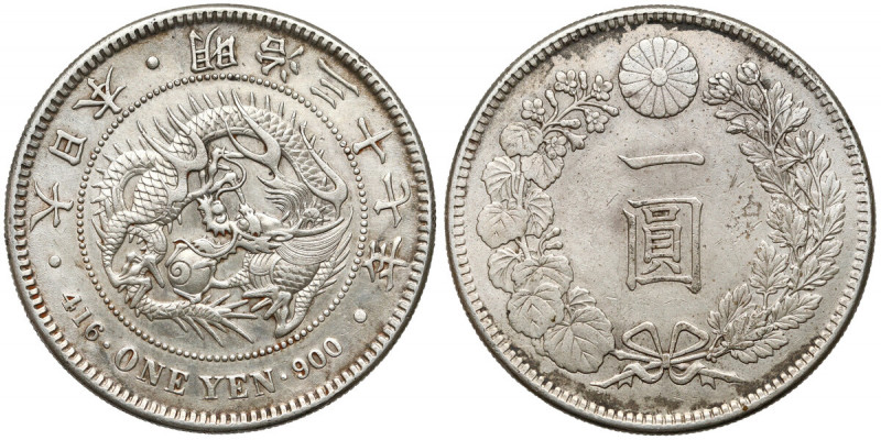 Japonia, Meiji, Yen 1904 (rok 37) Srebro, średnica 38,0 mm, waga 26,80 g.&nbsp; ...