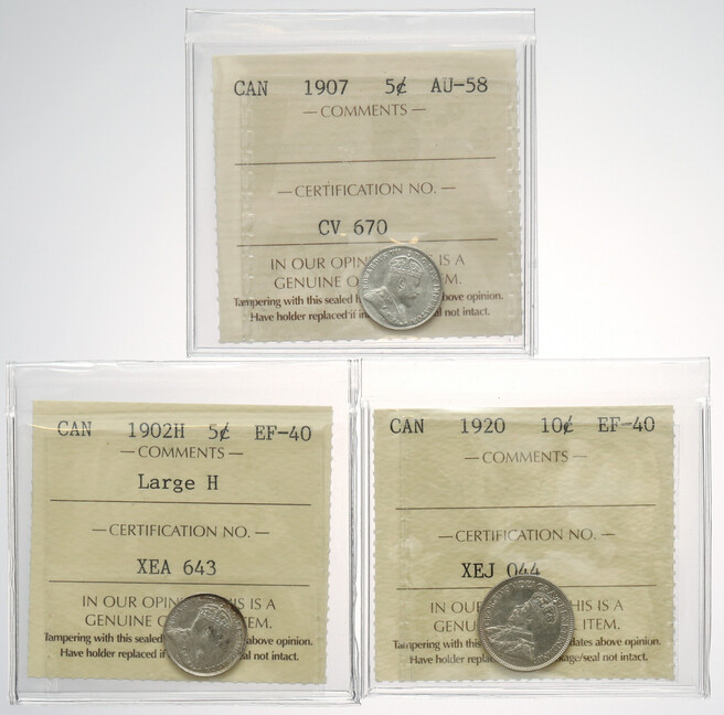 Kanada, Jerzy V, 5 centów 1902-1920 - piękne (3szt) Monety z certyfikacją firmy ...