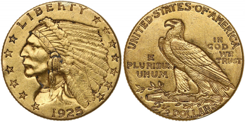 USA, 2-1/2 dolara 1925 - Indian Head, D-Denver Ślady po dolutowanej zawieszce. Z...