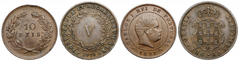 Potugalia, 5 - 10 reis 1879-1891, zestaw (2szt) 
Grade: 3+, 2- 

WORLD COINS ...