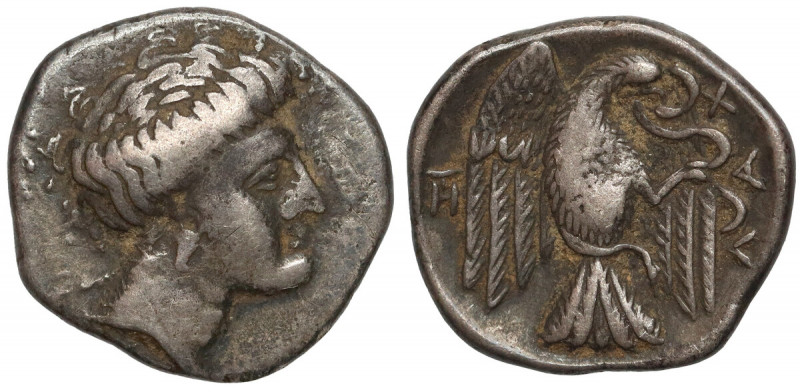 Grecja, Chalkida, Drachma (338-308 p.n.e.) Awers: Głowa nimfy Chalcis w naszyjni...