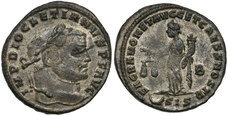 Diocletian (284-305 n.e.) Follis, Siscia Głęboka rysa na awersie. Awers: Popiers...