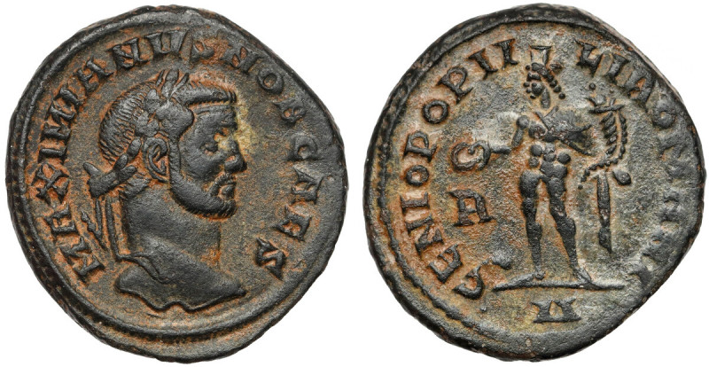 Galeriusz (293-305 n.e.) Follis Awers: Głowa cesarza w wieńcu laurowym, w otoku ...