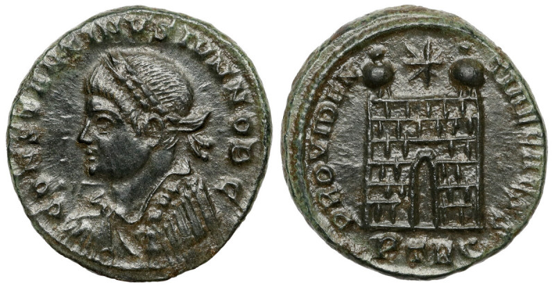Konstantyn II (337-340 n.e.) Follis, Trewir Awers: Popiersie cesarza w wieńcu la...