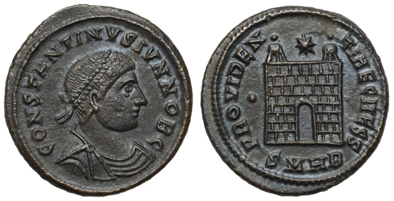 Konstantyn II (316-337 n.e.) Follis, Heraclea Tęczowa patyna, umyty. Awers: Popi...