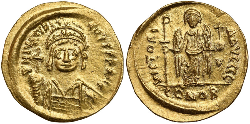 Justynian I Wielki (527-565 n.e.) Solidus, Konstantynopol Awers: Popiersie cesar...