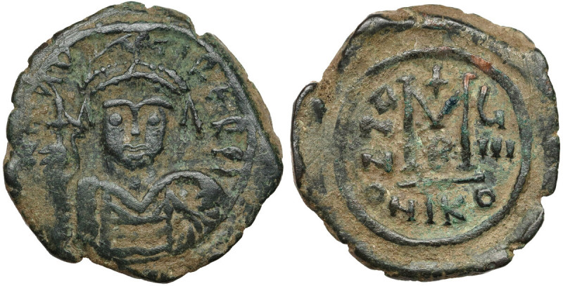 Maurycy Tyberiusz (582-602 n.e.) Follis, Nikomedia Awers: Popiersie cesarza w di...