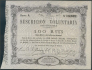 100 Reales de Vellón. 30 de Mayo de 1870. Emisión de Tour de Peilz. Serie A. (Edifil 2017: 196). EBC+.