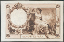 Prueba del reverso en color castaño-sepia del billete no emitido de 25 Pesetas del 1 de Diciembre de 1908. (Edifil 2017: NE14Pb). SC-.