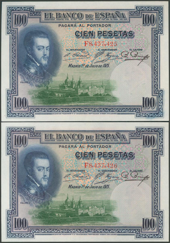 100 Pesetas. 1 de Julio de 1925. Pareja correlativa. Serie F. (Edifil 2017: 350)...