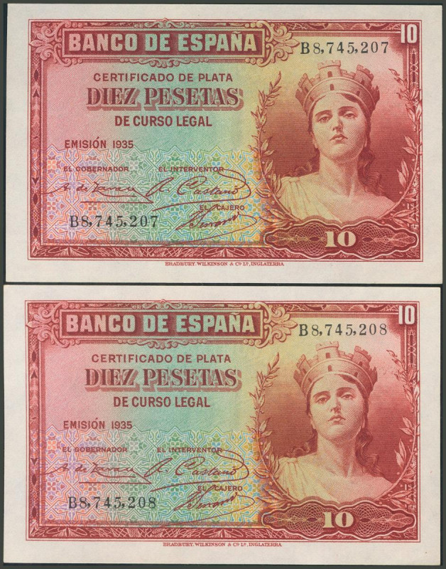 10 Pesetas. 1935. Certificado de Plata. Pareja correlativa. Serie B. Sin serie. ...