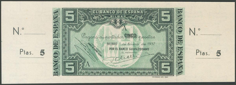 5 Pesetas. 1 de Enero de 1937. Sucursal de Bilbao, antefirma del Banco Guipuzcoa...