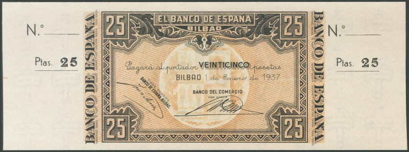25 Pesetas. 1 de Enero de 1937. Sucursal de Bilbao, antefirma Banco del Comercio...