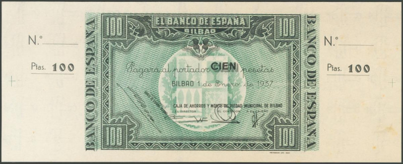 100 Pesetas. 1 de Enero de 1937. Sucursal de Bilbao, antefirma Caja de Ahorros y...