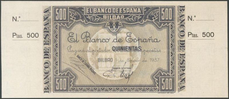 500 Pesetas. 1 de Enero de 1937. Billete no emitido. Sucursal de Bilbao, antefir...