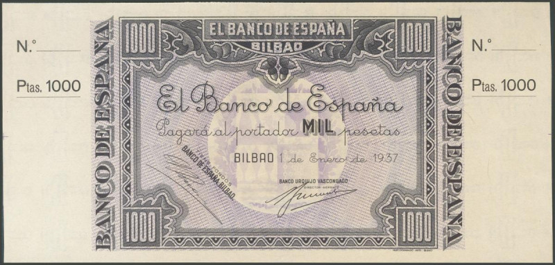 1000 Pesetas. 1 de Enero de 1937. Billete no emitido. Sucursal de Bilbao, antefi...