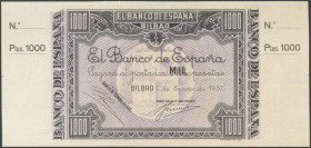 1000 Pesetas. 1 de Enero de 1937. Billete no emitido. Sucursal de Bilbao, antefirma Banco Urquijo Vascongado. Sin serie y sin numeración, con ambas ma...