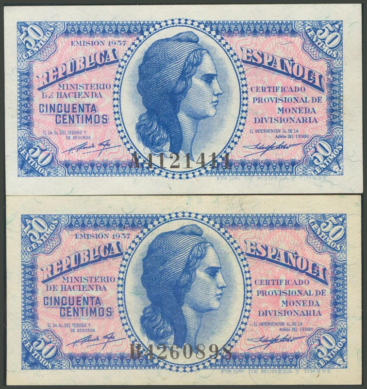 Conjunto de 2 billetes de 50 Céntimos, emitidos en 1937, con las series A y B, r...
