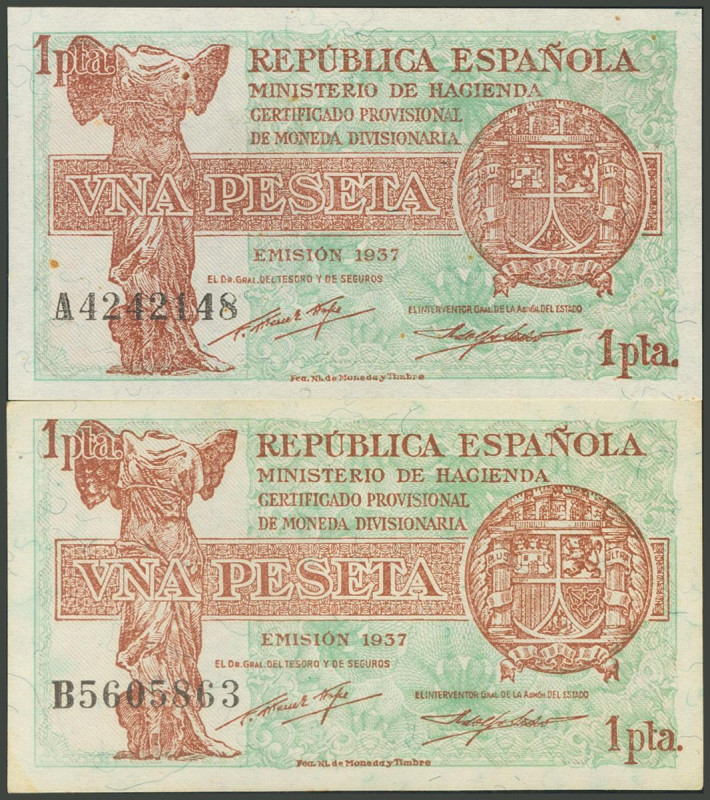 Conjunto de 2 billetes de 1 Peseta emitidos en 1937, con las series A y B, respe...