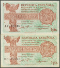 Conjunto de 2 billetes de 1 Peseta emitidos en 1937, con las series A y B, respectivamente. (Edifil 2017: 392). EBC+.