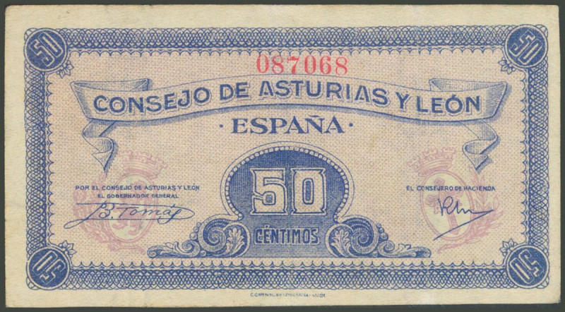 50 Céntimos. 1937. Asturias y León. Sin serie. (Edifil 2017: 396). Inusual. EBC-...