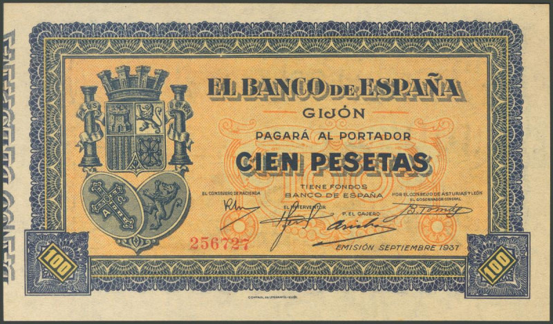 100 Pesetas. Septiembre 1937. Banco de España, sucursal de Gijón. Sin serie. (Ed...