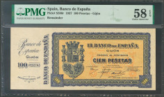 100 Pesetas. Septiembre 1937. Banco de España, sucursal de Gijón. Sin numeración y con matrices. (Edifil 2017: 399a). Apresto original. EBC+. Encapsul...