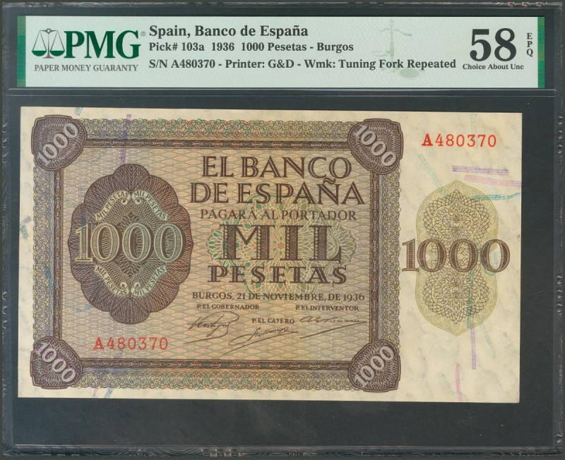 1000 Pesetas. 21 de Noviembre de 1936. Serie A. (Edifil 2017: 423). Inusual así,...