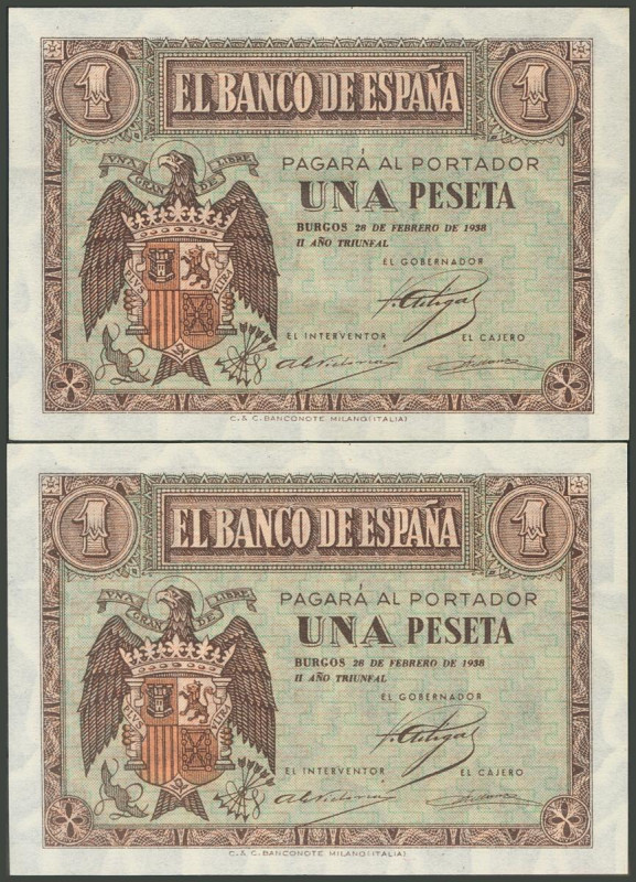 1 Peseta. 28 de Febrero de 1938. Pareja correlativa. Serie A. (Edifil 2017: 427)...