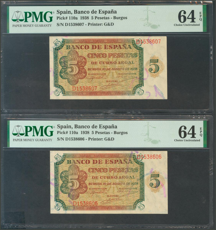 5 Pesetas. 10 de Agosto de 1938. Pareja correlativa. Serie D. (Edifil 2017: 435a...