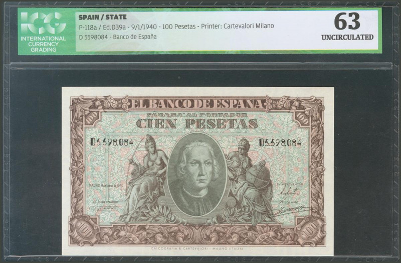 100 Pesetas. 9 de Enero de 1940. Serie D. (Edifil 2017: 438a). SC. Encapsulado I...