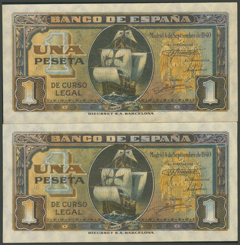 1 Peseta. 4 de Septiembre de 1940. Pareja correlativa. Sin serie. (Edifil 2017: ...