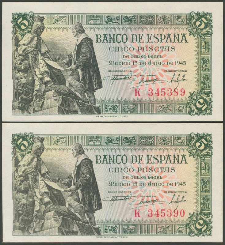 5 Pesetas. 15 de Junio de 1945. Pareja correlativa. Serie K. (Edifil 2017: 449a)...