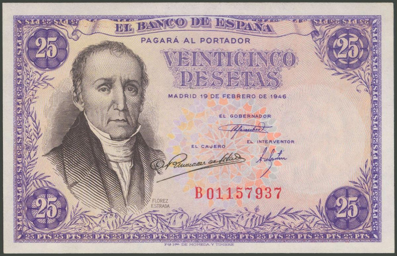 25 Pesetas. 19 de Febrero de 1946. Serie B. (Edifil 2017: 450a). Apresto origina...