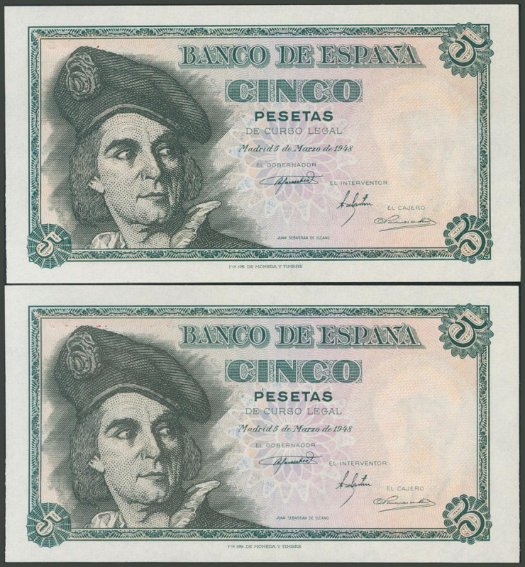 5 Pesetas. 5 de Marzo de 1948. Pareja correlativa. Serie D. (Edifil 2017: 455a)....