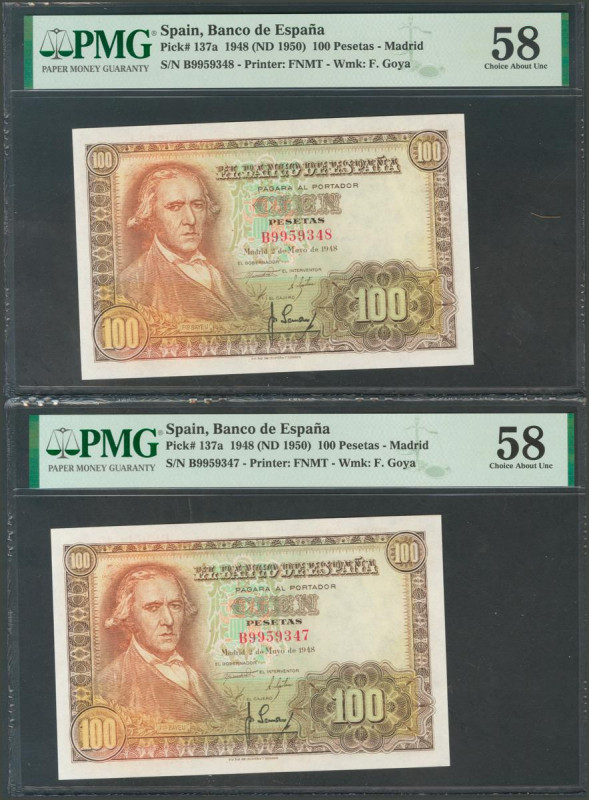 100 Pesetas. 2 de Mayo de 1948. Pareja correlativa. Serie B. (Edifil 2017: 456a)...