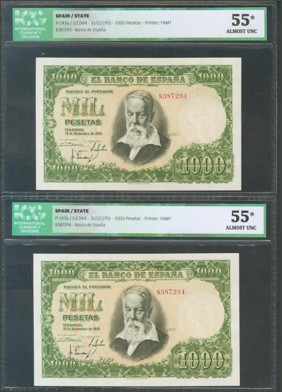 1000 Pesetas. 31 de Diciembre de 1951. Pareja correlativa. Sin serie. (Edifil 20...