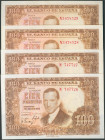 Conjunto de 4 billetes de 100 Pesetas emitidos el 7 de Abril de 1953 con la serie N. (Edifil 2017: 464b), con su apresto original. SC/SC-.