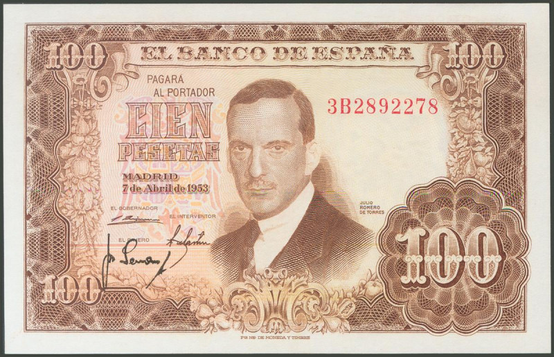 100 Pesetas. 7 de Abril de 1953. Serie 3B. (Edifil 2017: 464c). Apresto original...