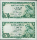 5 Pesetas. 22 de Julio de 1954. Pareja correlativa. Sin serie. (Edifil 2017: 466). Apresto original. SC.
