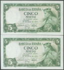 5 Pesetas. 24 de Julio de 1954. Pareja correlativa. Serie P. (Edifil 2017: 466a). Apresto original. SC.